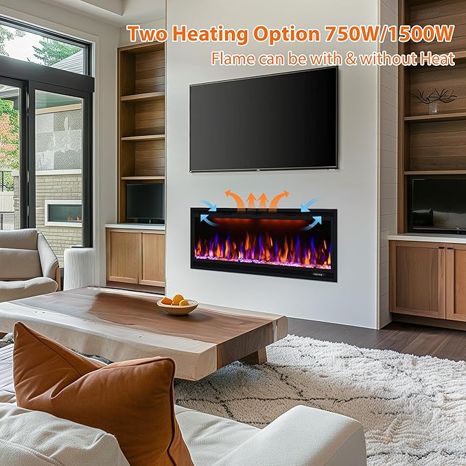 42 inch Smart Electric Fireplace with App Control, Wall Mount & in Wall recessed Fireplace Inserts, Multicolor Flame w/Realistic Log &Crystals, Overheating Protection and Timer, 750W/1500W, Black