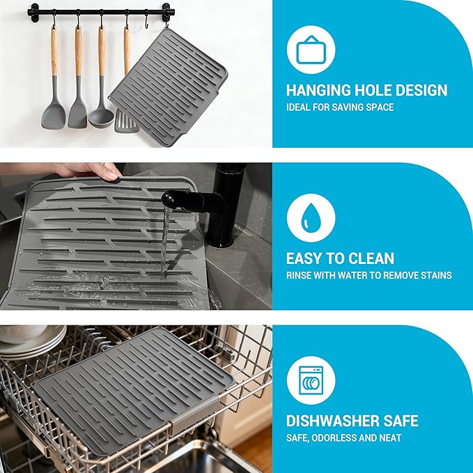 Silicone Dish Drying Mat for Kitchen Counter, Foldable & Heat Resistant Drying Pad with 5° Slope & Wide Drain, 15x12 Inch Non-slip Sink Mat for Bathroom and Countertop.(Dark Grey）
