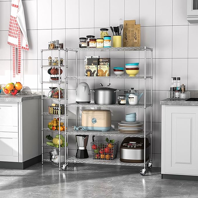 Wire Shelving Unit 5 Tier NSF Metal Shelf,6000lbs Capacity Heavy Duty Adjustable Storage Rack with Wheels & Shelf Liners for Commercial Grade Utility Steel Storage Rack, 82" H x 48" L x 24" D -Chrome