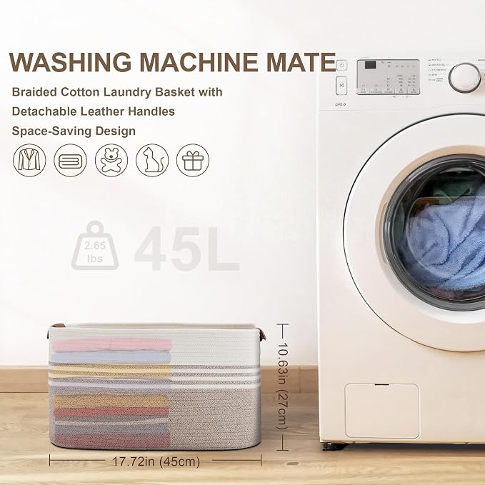 45L Small Woven Laundry Basket Hamper - Image 8