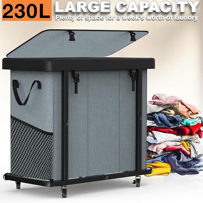 Laundry Basket with Wheels, 230L Laundry Sorter 3 Section - Image 3