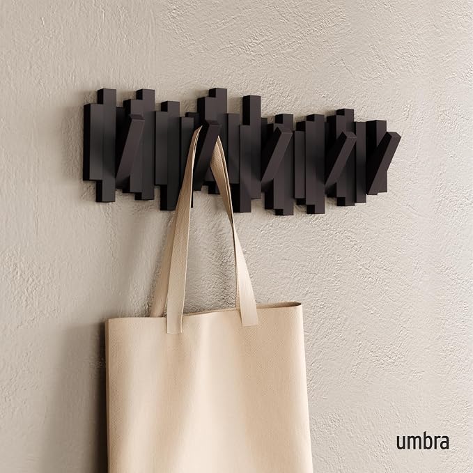Umbra Sticks Wall Mount Coat Rack, 5 Hook Retractable Pegs, Espresso | Mounting - Image 2