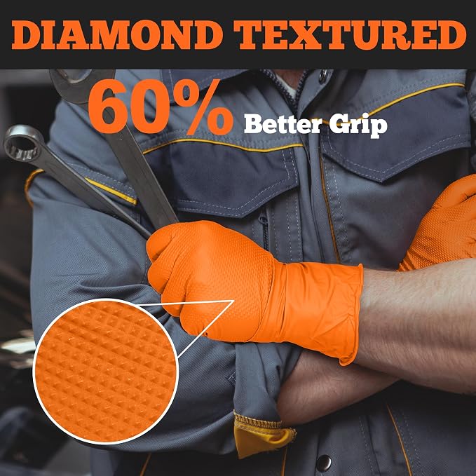 TitanFlex Heavy Duty Orange Nitrile Gloves, 6 Mil, Raised Diamond Texture - Image 3