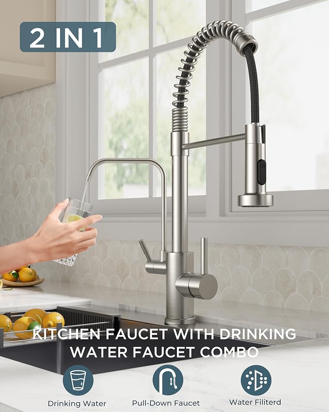 FORIOUS Kitchen Faucet with Purfied Water Filter, 2 Handle, Brushed Nickel | - Image 2