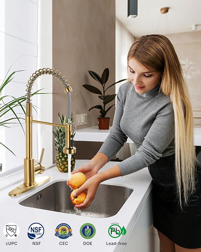 Kitchen Faucets with Pull Down Sprayer: Brushed Gold 3-Function Kitchen Sink - Image 2