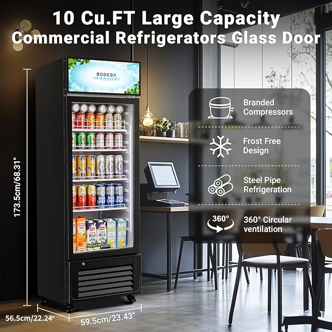BODEGACOOLER Beverage Refrigerator and Cooler, 10.0 Cu. Ft Commercial Refrigerators For Man Cave, Display Refrigerator with Soft LED Light. 4 Shelves Merchandiser Refrigerators as Black Bar Cooler.