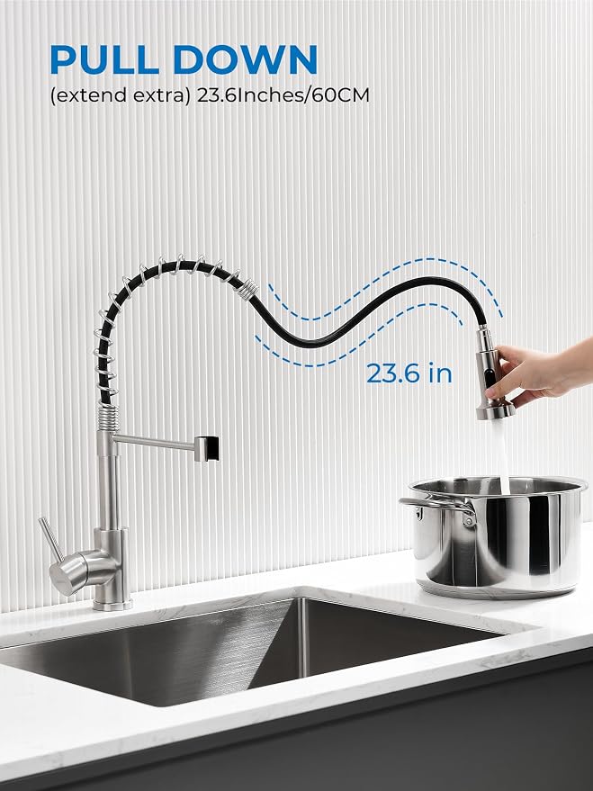 WEWE Pull-Out Kitchen Faucet, 2-Mode Sprayer, Brushed Nickel, High Arc | - Image 3