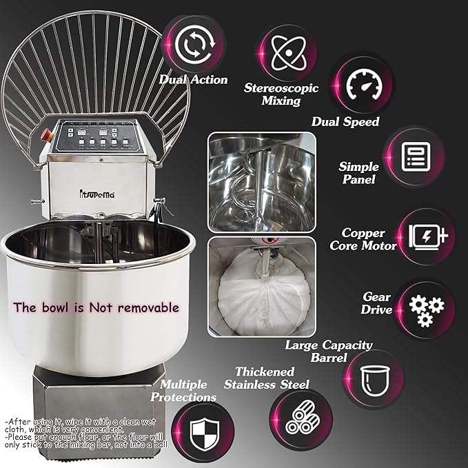 INTSUPERMAI Commercial Dough Mixer, 50QT Stand Flour Mixing Machine, Double Action Double Speed, with A Dough Cutter, 110V/2200W Electric Food Stand Spiral Mixer