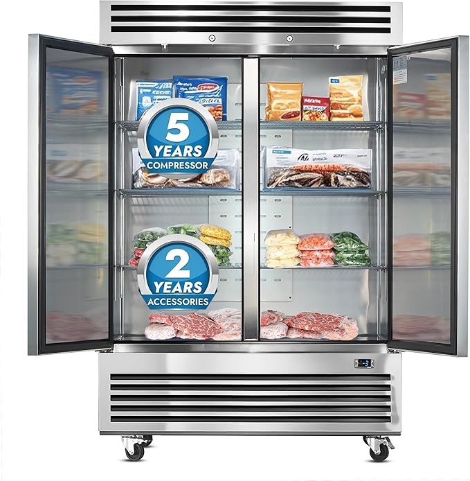 HECMAC 54" Commercial Freezer, 49 Cu.ft Reach-In Upright Fridge with 2 Solid Door, -8~0℉,18-8 Stainless Steel Interior, 6 Shelves, ETL&NSF/ANSI 7 for Restaurant, Bar, Shop, Kitchen Use