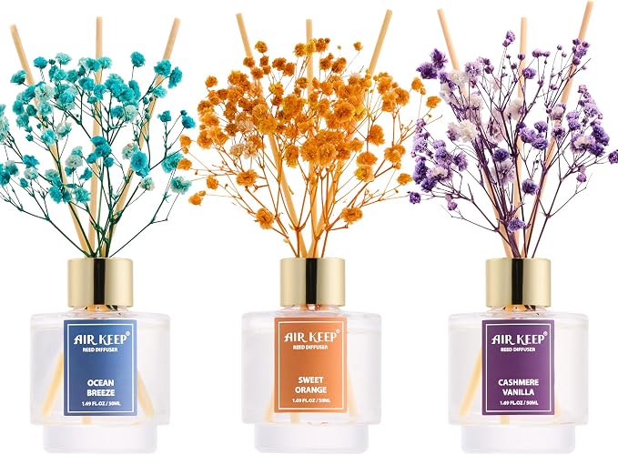 Reed Diffuser Set of 3, Ocean Breeze Sweet Orange Cashmere Vanilla Oil Reed by Airkeep