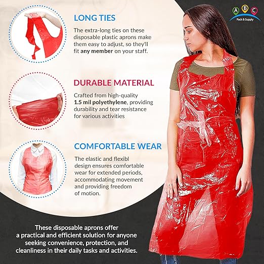 ABC PACK & SUPPLY Red Plastic Disposable Aprons Adults for Painting, 28 x 46 Inches. Pack of 100 Disposable Plastic Aprons, 1.5 Mil. Unisex Waterproof Polyethylene Painting Apron for Food Industry
