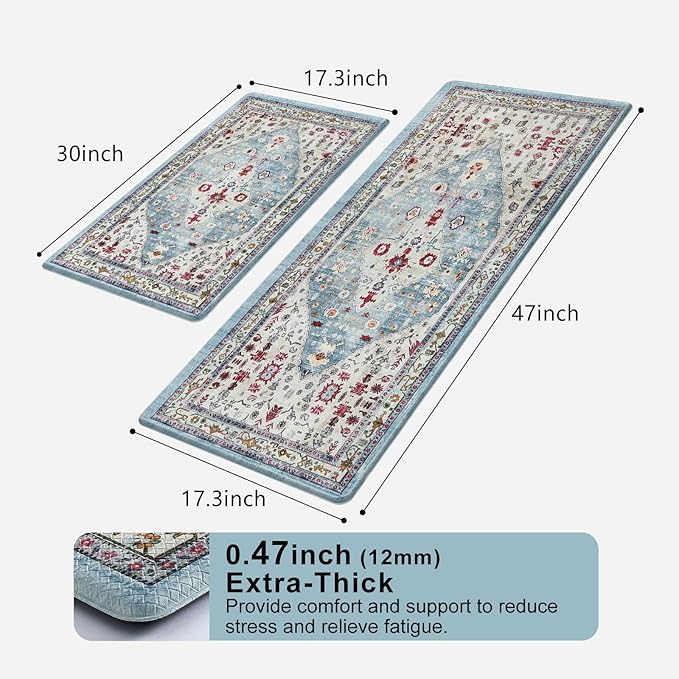 Collive Boho Kitchen Rugs and Mats 2PCS Cushioned Anti-Fatigue Floor Mat, Waterproof Kitchen Rug Set of 2 Non-Skid Comfort Standing Mat for Kitchen,Home,Office,Sink,Laundry,17"x30"+17"x47"