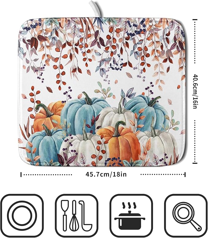 Giwawa Fall Orange Pumpkin Dish Drying Mat Eucalyptus Leaves Drainer Rack Pad - Image 2