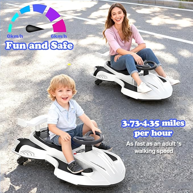 12V Electric Wiggle Car Ride On Toy, Swing Car with Pedal, for Kids from Ages 3 and Up, Birthday Gifts for Boys and Girls, Anti-Rollover, Flashing Wheels, Bluetooth (Black+White)