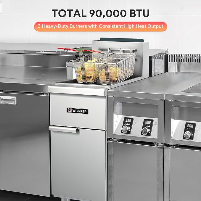 WILPREP Commercial Fryer, 3 Burner Commercial Gas Floor Fryer with 2 Baskets 90000 BTU 40 lb. Capacity 400°F Constant Temperature, Stainless Steel Natural Gas Deep Fryer for Restaurant Kitchen