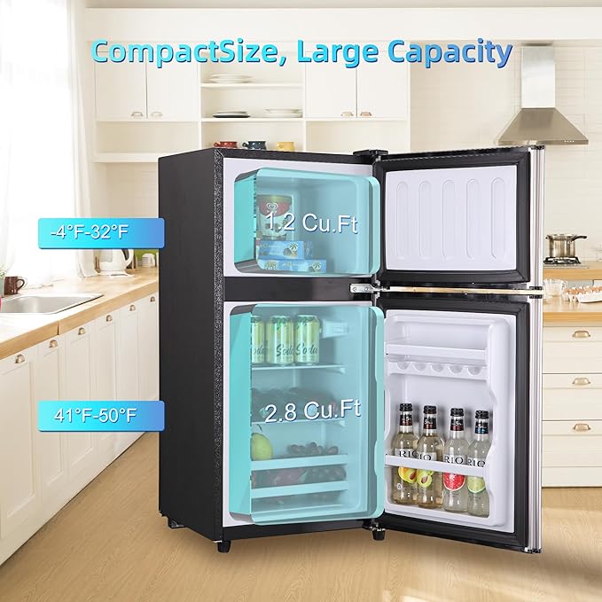 Mini Fridge with Freezer, 4.0 Cu. Ft. Double-Door Mini Refrigerator with 7-Level Adjustable Thermostat & Adjustable Glass Shelves, Compact Dorm Fridge 37 dB Low Noise for Bedroom, Apartment, Silver