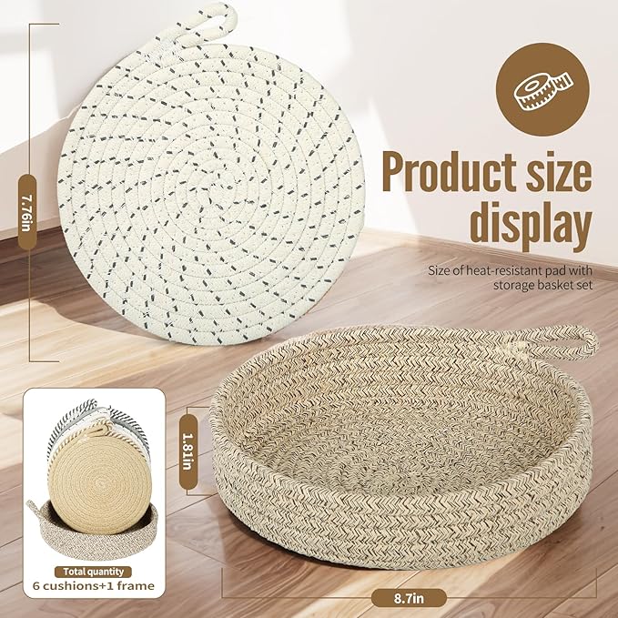 Hot Pads for Quartz Countertops with Storage Basket | 6-Pack 8-Inch Cotton Trivets for Hot Dishes & Pots | Machine Washable Farmhouse Kitchen Decor