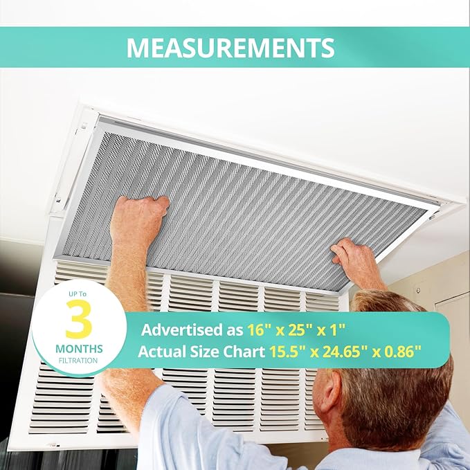 16x25x1 Electrostatic Air Filter, Washable & Reusable Aluminum AC/HVAC Furnace Filter, MERV 8, Lasts a Lifetime, Healthier Home or Office(Actual Size: 15.5"x24.65"x0.86")