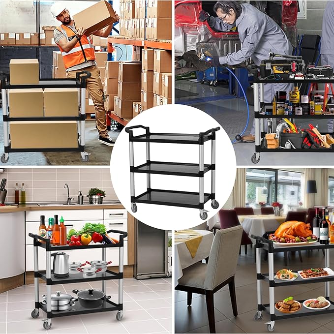 3-Shelf Rolling Utility Push Cart on Wheels, 500 LBS Capacity Heavy Duty Black Steel Organizer, Service Cart Push Cart for Restaurant, Bathroom, Catering Service & Business Tools Cleaning