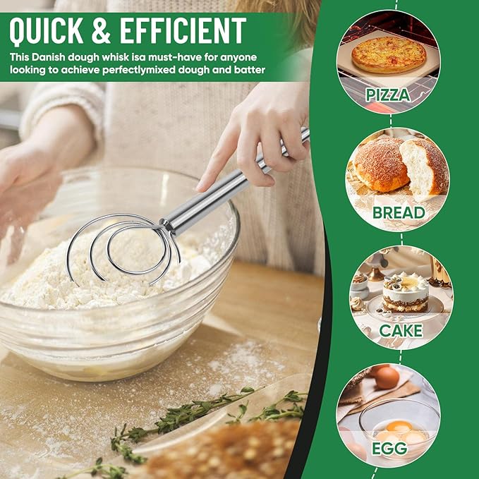 Danish Dough Whisk Stainless Steel Hook Dutch Bread Mixer Hand Tool for Sourdough Baking Making Blending Pastry Pizza