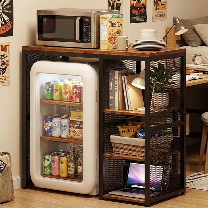 Homieasy Mini Fridge Cabinet Stand with Power Outlet, Coffee Bar Cabinet with Mini Fridge Space, Bar Stand with Microwave Shelf with Wine Rack for Kitchen, Dorm, Rustic Brown
