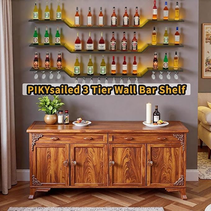 78.7" Wall Mounted LED Wine Rack, 3-Tier Floating Bar Shelves, Large Liquor Shelf with Wine Glass Rack, Large Bar Rack Wall Mounted for Liquor Bottles, Home Bar, Dining Room or Cafe, Gold