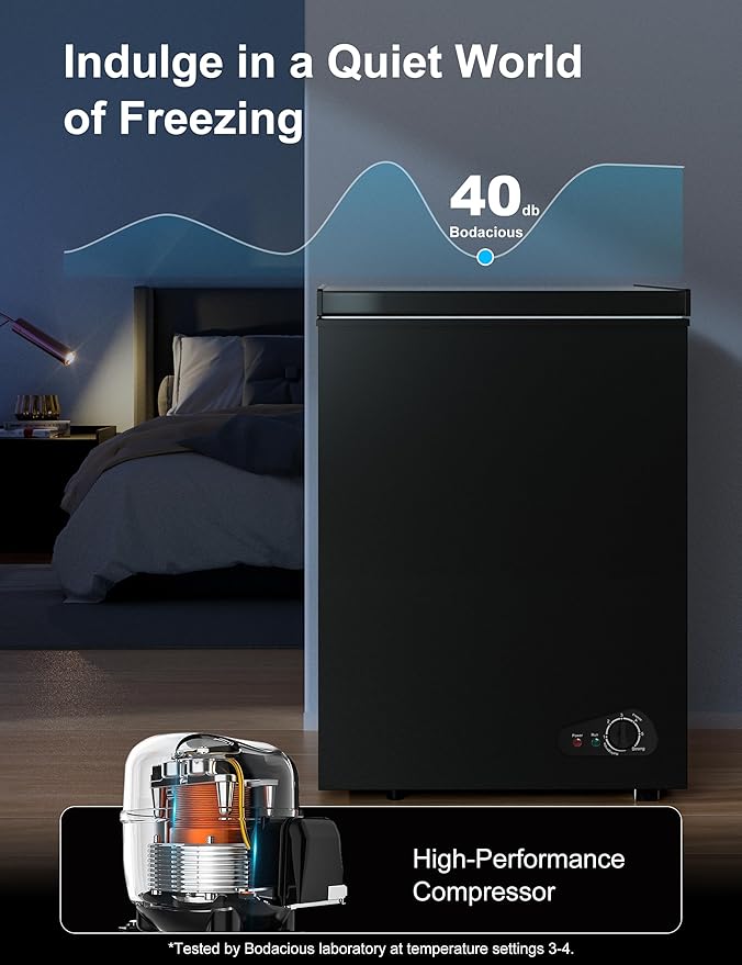 5.0 Cu.Ft Chest Deep Freezer with 2 Removable Baskets, Energy Efficient (0.41kWh/24H), <40dB Ultra-Quiet, 6 Temp Control, Manual Defrost, Free Standing Top Open Door for Home Garage Basement, Black