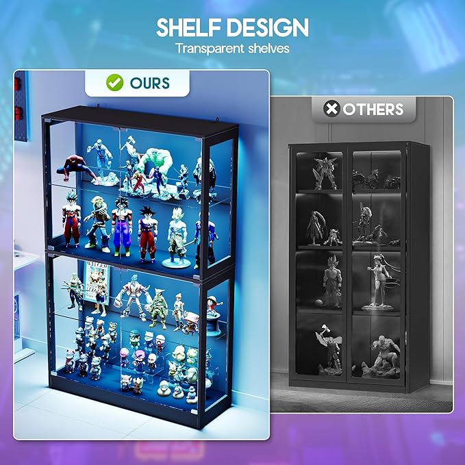 AMERLIFE RGB Display Cabinet with Adjustable Glass Shelves, 4-Tier Storage Case with LED Lights & Press-to-Open Doors, Modern Display Shelf for Collectibles, 70" H×75" L×16" D