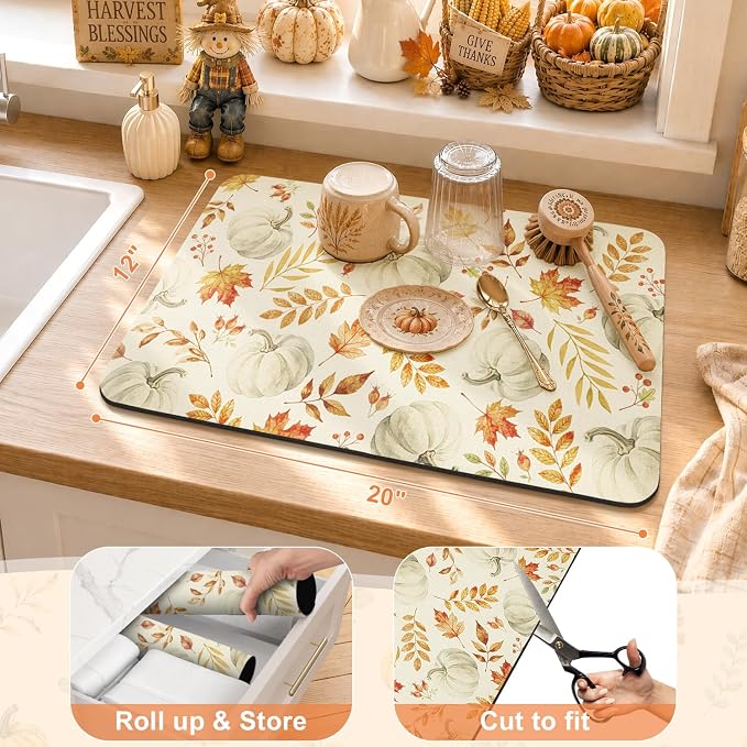 LOKHOM 12"x20" Fall Dish Drying Mat，Autumn Harvest White Pumpkin Leaves | - Image 2