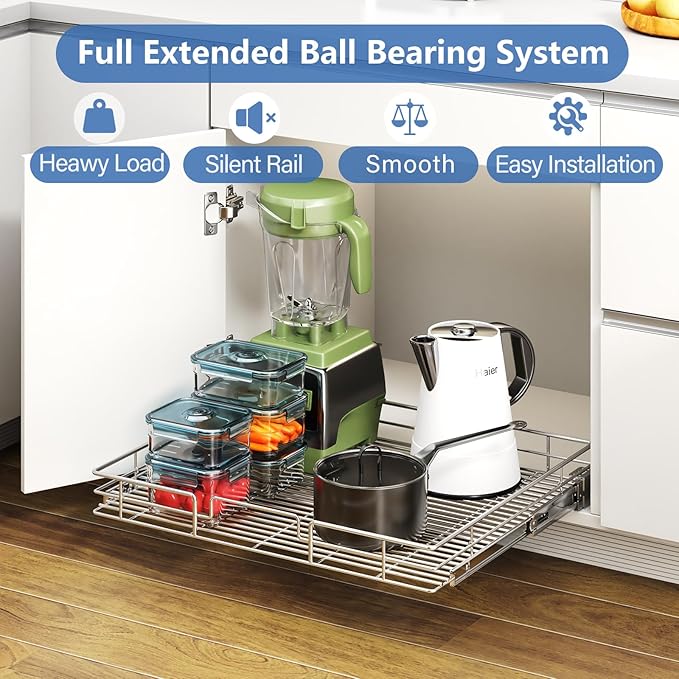 ROOMTEC Pull Out Cabinet Organizer, Cabinet Pull Out Shelves 25½" W x 21½" D, Heavy Duty Cabinet Drawers Slide Out Kitchen Cabinet Organizers Storage Shelf