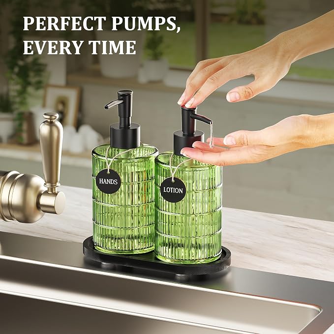 Green Glass Soap and Lotion Dispenser Set - Image 4
