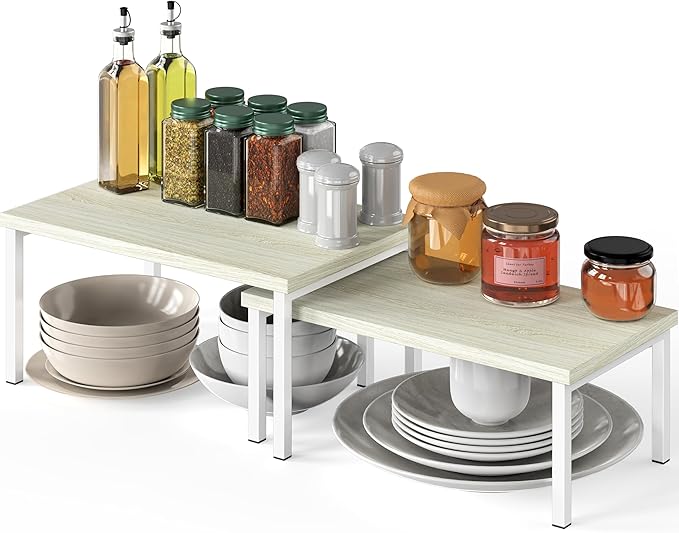 Simple Houseware Expandable Stackable Cabinet and Counter Shelf Organizer with Wooden Surface, 7.6'' D x 11.75'' W x 6.1'' H, Maple