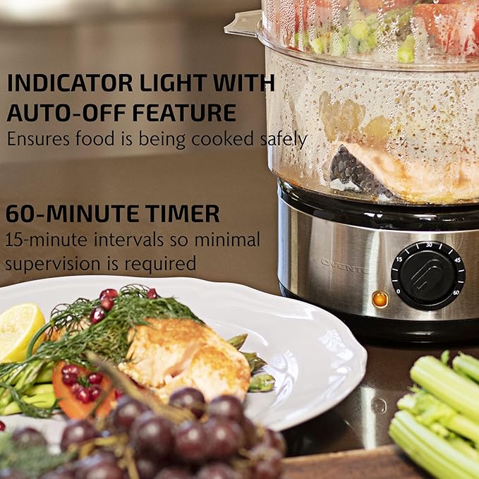 OVENTE 2-Tier Electric Food Steamer, 5 Quart Stainless Steel Stackable Steam Cooker with 400W Power, 60-Minute Timer & Auto Shut-Off, Dishwasher Safe, Healthy Vegetable & Seafood Steamer, Silver FS62S