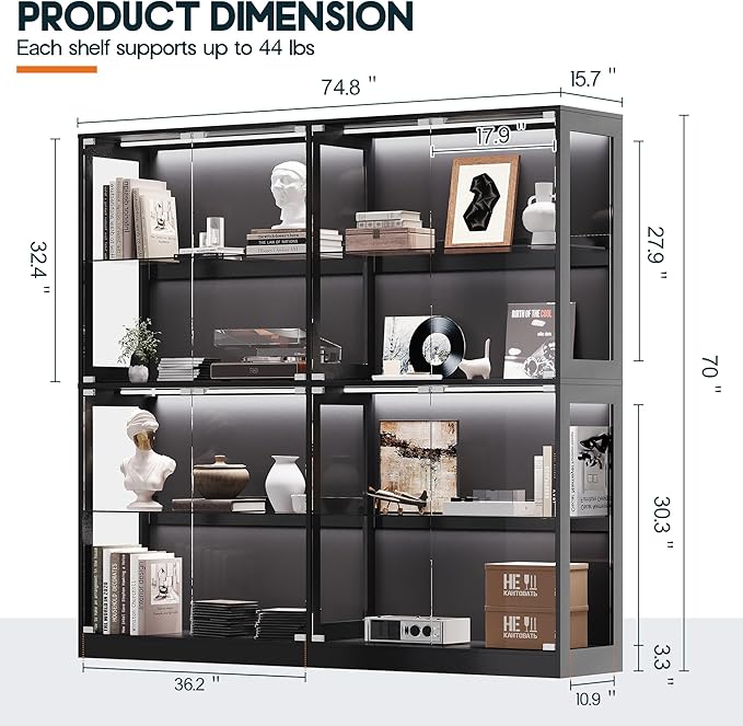 AMERLIFE RGB Display Cabinet with Adjustable Glass Shelves, 4-Tier Storage Case with LED Lights & Press-to-Open Doors, Modern Display Shelf for Collectibles, 70" H×75" L×16" D