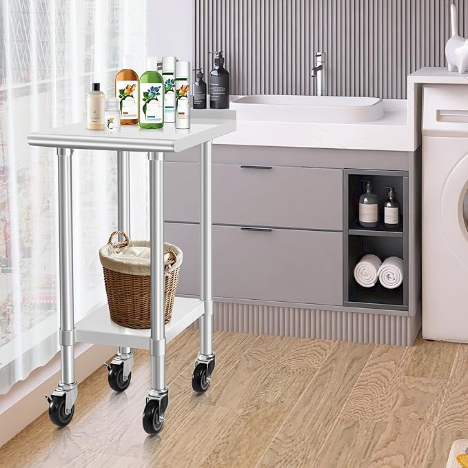 HARDURA Stainless Steel Commercial Work Table with Wheels Prep & Work Metal Table 24×15 Inches Heavy Duty NSF with Casters and 2" Backsplash