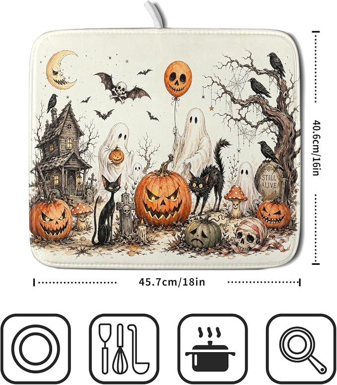 Giwawa Halloween Pumpkin Ghost Dish Drying Mat Black Cat Microfiber Dishes Pad - Image 2
