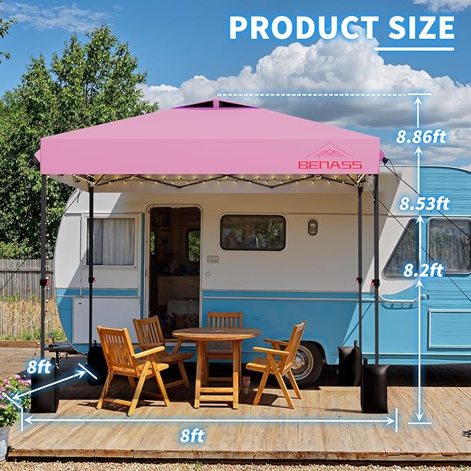 8x8 Pop Up Canopy, Easy Up Canopy Tent, Heavy Duty Tents for Parties, One Person Set Up Event Tent, Pink