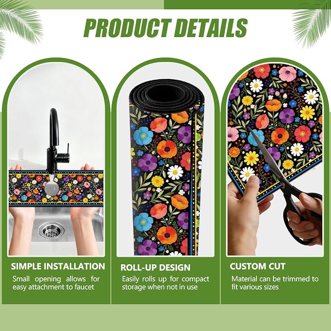 3 Pcs 2 Size Kitchen Sink Splash Guard Faucet Mat Bohemian Flowers Pattern - Image 3