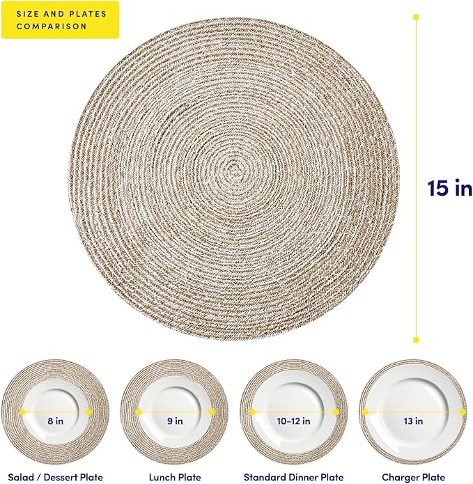Round Placemats Set of 4-100% Cotton Two-Tone Placemat for Dining Table - Woven Braided Table Setting Place Mat - Washable Table Decor for Kitchen, Farmhouse, Rustic, Everyday Use, Eggshell