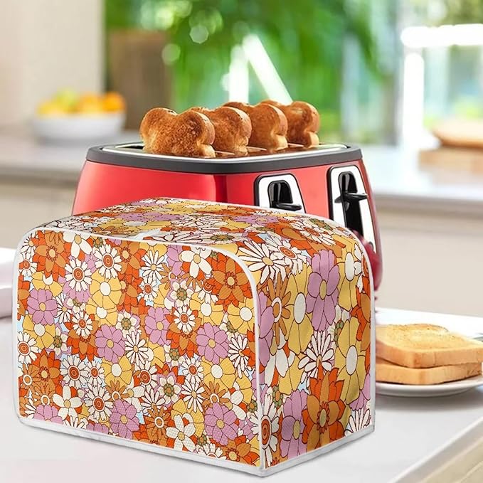 Hippie Floral Print Toaster Covers 4 Slice Dust Protection Bread Maker Covers Toaster Oven Cloth Cover Kitchen Accessories Washable Appliance Cover