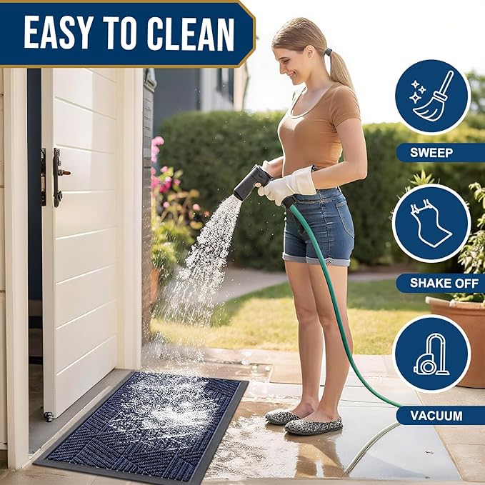 Smiry Front Door Mat Outside Entrance, Heavy Duty Sturdy Natural Rubber Doormat, Trap Dirt and Moisture, Easy Clean Low Profile Welcome Floor Mats for Indoor Outdoor Entry, 59x34 Inch, Navy Blue