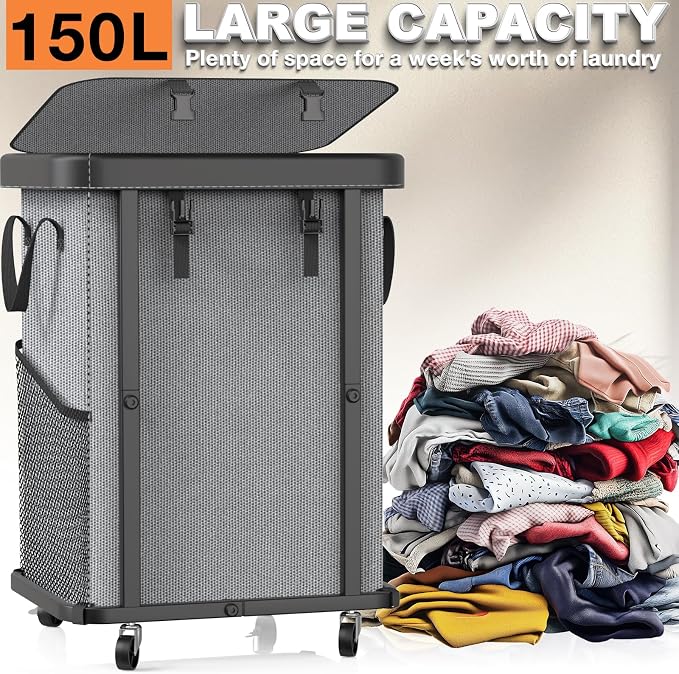 Laundry Basket with Wheels, 150L Rolling Hamper Carts - Image 3
