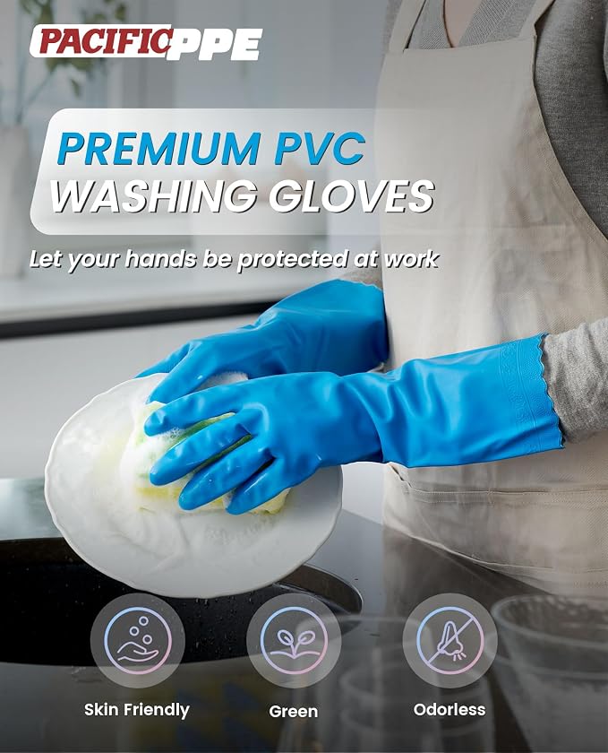 PACIFIC PPE 2 Pairs Dishwashing Gloves, Cotton Flocked Liner, Medium | - Image 2