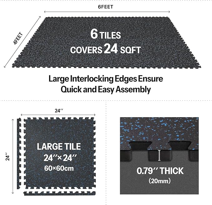 AIRHOP 0.79in Thick 24 Sq Ft Exercise Equipment Mats, 6 Tiles Upgraded Rubber Top with High Density EVA Foam, Large Interlocking Puzzle Gym Flooring for Home Gym, Heavy Weight Workout,Black & Blue