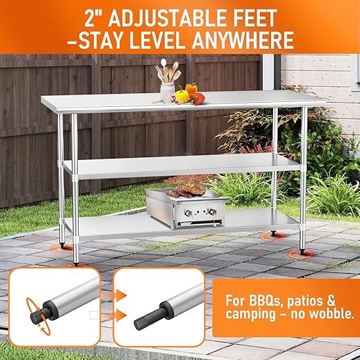 Stainless Steel Table for Food Prep & Work 24 x 60 inches with 2 Adjustable Undershelves, Commercial Workstation in Kitchen, Garage, Outdoor BBQ