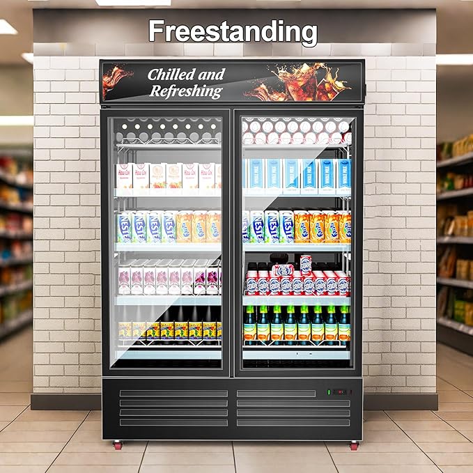 Tylza Commercial Refrigerator, Double Glass Door Display Beverage Fridge, 26.49 Cu Ft Upright Beverage Cooler Merchandiser with Replaceable Advertising Light Board, Rebound Door, Fast Cooling, Black