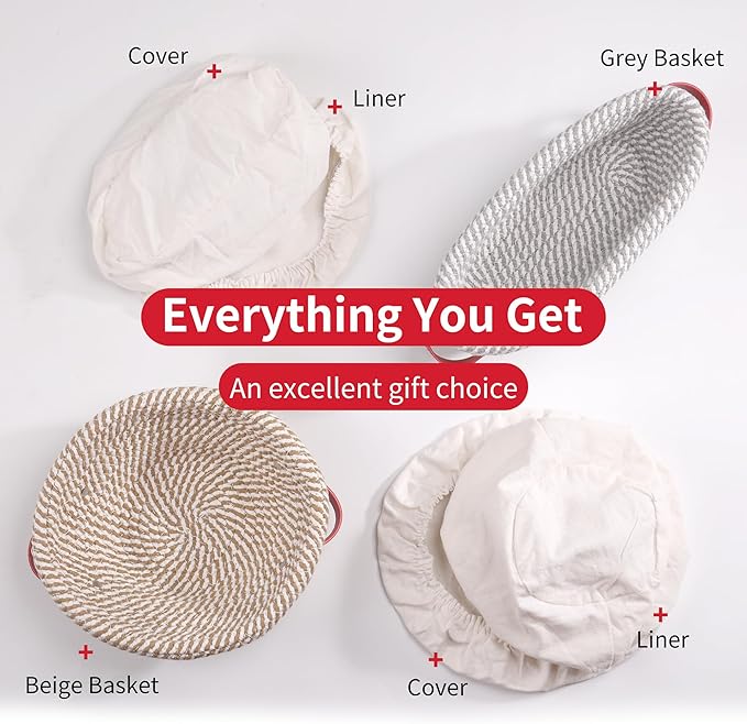Banneton Bread Proofing Basket - Oval & Round Sourdough Bread Baskets Set - With Liner & Cloth Cover - For Proofing Sourdough Bread & Bread Storage (Grey & Khaki Set) - Cotton Rope