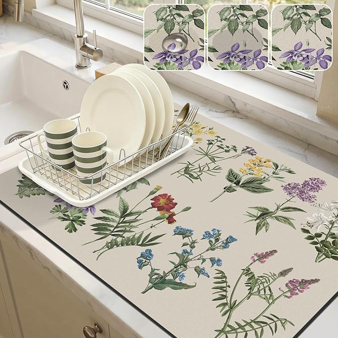 LOKHOM 18"x24" Dish Drying Mat，Vintage Sage Flower Herb Coffee Mat | Ultra by LOKHOM