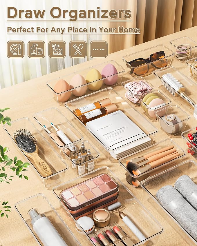 KEMETHY 25 PCS Plastic Drawer Organizers Set, 4 Sizes Vanity Organizer | Makeup - Image 6