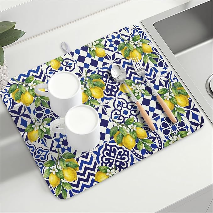 Lemon and Blue Tile Dish Drying Mat 18x24 Inch Absorbent Reversible Mexican - Image 8